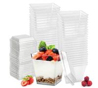 WEFHEF 50PCS Vasos de Postre de Plástico Duro 8oz/240ml, Tazas de Postre de Plástico Reutilizables con 50 tapas, Envases de Plastico con Tapa Transparentes y Cuadrados, para Helado, Mousse, Pudín