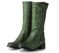 WEHAM Botas de montar para mujer, de cuero hasta la rodilla con correas elásticas y hebillas, botas planas con cremallera lateral, punta redonda casual,Verde,37
