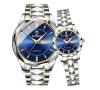 Weicam Reloj de pulsera analógico de cuarzo unisex de lujo con correa de acero inoxidable con calendario para parejas, Plateado, Classic