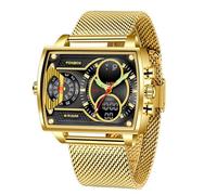 Weicam Reloj digital de lujo para hombre y niño, esfera cuadrada, luminoso, impermeable, analógico, de cuarzo, doble pantalla, reloj de negocios, Oro, Casual