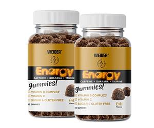 Weider Pack Duo Energy Caffeine Gummies (2x80 Gominolas) Sabor Cola. Gominolas de Cafeína para energía y enfoque mental. Con Guaraná, Taurina, Vitamina B y C. Sin azúcar. Sin alérgenos.