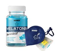 Weider Pack Melatonin 120 Gummies Sabor Arándano + Antifaz y Tapones, 1 mg melatonina/gominola, Ayuda contra insomnio, jet-lag, trastornos del sueño, con Vitamina B6, Sin Azúcar, Sin Gluten (4 meses)