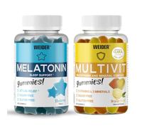 Weider PACK Melatonin + Multivit (60+80 gominolas). Pack Día & Noche para ayudar a enfrentar tu cotidiano. Combate el insomnio con 1mg melatonina por gominola + Aporta 9 Vitaminas y 13 Minerales.