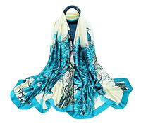 WEIGEER Silk Scarf Women Bufanda de seda para mujer chal de gasa bufanda de loto pañuelo para delgada playa cinturón de hiyab chal de novia bufanda de gasa (Azul Y Pavo Real)