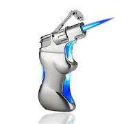 WeiGuangDu Encendedor de antorcha portátil a Prueba de Viento con Ventana de Combustible Visible, Potente Llama de antorcha Azul a Prueba de Viento, tamaño de Llama Ajustable(Silver)