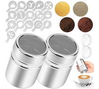 Weigudoc 2 dispensadores de coctelera de Cacao en Polvo con 16 moldes de Capuchino, Plantilla de coctelera de Capuchino de Acero Inoxidable para decoración de café, Galletas, Pasteles, Magdalenas