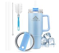 Weigulo Taza de café de coche de 40 onzas con asa, taza de viaje aislada con pajilla, reutilizable, de acero inoxidable, botella de viaje de doble pared, taza de café para café helado caliente (azul)