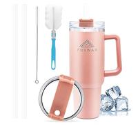 Weigulo Taza de café de coche de 40 onzas con asa, taza de viaje aislada con pajilla, reutilizable, de acero inoxidable, botella de viaje de doble pared, taza de café para café helado caliente (rosa)