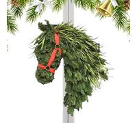Weihnachtskranz Für Den Außenbereich,Künstlicher Pferdekopf Rustikal - Lustiger Türkranz Weihnachtsdekoration,für Bauernhaus WOrnamenten, die von einer roten Schleife verziert sind, rustikalen Charme.