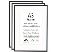 Weikani Marco de fotos A3 negro con paspartú A4, paquete de 3 marcos de fotos de madera de 29,7 x 42 cm, marco de certificado con plexiglás para montaje en pared o mesa