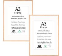 Weikani Portarretratos A3 de roble con paspartú A4, paquete de 2 marcos de fotos de madera de 29,7 x 42 cm, marco de certificado con plexiglás para montaje en pared o mesa