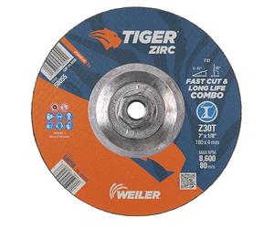 Weiler 58055 Tiger Zirc Tipo 27 rueda combinada de corte y molienda de 7" x 1/8", Z30T, tuerca UNC de 5/8"-11 (paquete de 10)