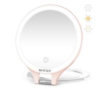 WEILY Espejo Maquillaje con Luz, 10X/1X Espejo Aumento, Doble Cara Espejo de Viaje, con 3 Luces de Color, Control Táctil, Recargable Portátil Espejo para Dormitorio y Baño(Rosa)