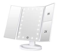 WEILY Espejo Maquillaje, 1x/2X/3X Espejo de Maquillaje de Tres Pliegues con Pantalla Táctil Ajustable y 21 Luz LED Espejo Iluminado Tocador Espejos Cosméticos de Encimera (Blanca)