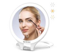 WEILY Espejo Maquillaje con Luz, 10X/1X Espejo Aumento, Doble Cara Espejo de Viaje, con 3 Luces de Color, Control Táctil, Recargable Portátil Espejo para Dormitorio y Baño(Blanco)