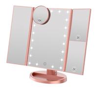 WEILY Espejo Maquillaje con Luz, 21 LED y Aumento 1X / 2X / 3X, Pantalla Táctil de 180º Ajustable, Espejo Tocador Tríptico con Luz Plegable y Recargable, Oro Rosa