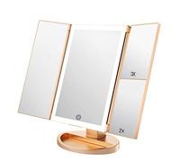 WEILY Espejo para maquillarse, 1x / 2X / 3X Magnificación Trifold con 36 Luces LED Pantalla táctil y Carga USB, Soporte Ajustable de 180 Grados para encimera Espejo cosmético de Maquillaje (Oro)