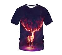 WEIMEIJIE Camiseta Casual con Estampado 3D de Alce Animal con Cielo Estrellado y Llamas para Hombre, Tendencia Urbana, Manga Corta, Deportes al Aire Libre de Verano