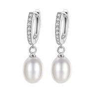 WEIMU Pendientes de perlas chapados en oro blanco de 18 quilates, pendientes de perlas de plata 925, pendientes de perlas para mujer, pendientes para niñas con baja alergia, 35mm, Plata de ley, No.