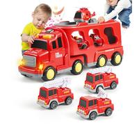 Weinsamkeit Camión Bomberos Juguete, 7 en 1 Camion Transportador de Coches con Luces y Sonidos Camion de Transporte Grande con 6 Camión de Bomberos Fricción Camiones de Juguete Regalo para Niños 1-5
