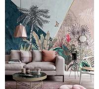 WEITAOSM Mural de palmeras de selva tropical geométrico 3D pintado a mano con plantas tropicales para sala de estar, TV, sofá, fondo de pantalla artístico (PVC autoadhesivo)