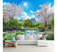 WEITAOSM Murales 3D de cielo azul, nubes blancas, montañas verdes, plantas, lago de los cisnes y paisajes naturales para sala de estar, dormitorio y estudio (PVC autoadhesivo).