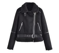 WEITING Abrigo de lana de cordero de una sola pieza de piel para mujer de otoño e invierno-negro-M