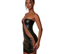 WEITING Ahueca hacia Fuera Los Mini Vestidos Sexy De Cuero De PU para Las Mujeres Sin Tirantes Sin Mangas Sin Espalda Bodycon Vestido Corto De Fiesta Vestido-Negro,M