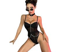 WEITING Body con cadena halter para fitness, sexy, de peluche, pierna alta, encaje, sensual, negro, L