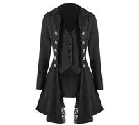 WEITING Chaqueta de mujer abrigo medieval retro encaje victoriano gótico manga larga botón frac steampunk fiesta de Halloween disfraz ropa-negro-M