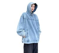 WEITING Chaqueta Sudadera Suelta con Capucha De Mezclilla Retro Lavada Trendy-Azul-XL