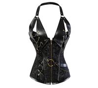 WEITING Corsé steampunk de brocado negro para mujer, de piel sintética, con cordones, con cadenas, corsés góticos sobre el busto, negro, M