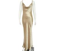 WEITING Elegante vestido largo de satén sin espalda para mujer, vestido de verano con tirantes delgados, sin mangas, vestido largo para discoteca, fiesta, dorado, S