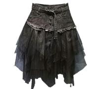 WEITING Falda Vaquera con Panel de Malla de Cintura Alta para Mujer Faldas Cortas Irregulares de Tul con tutú gótico Y2K con cinturón de Bolsillos-Negro-L