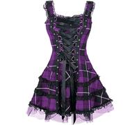 WEITING Goth Punk Girls Plaid Mini Vestido Estilo Lolita Mujer sin Mangas Corbata Corto Cosplay Verano Fiesta Vestido de Talla Grande-púrpura Plaid-S