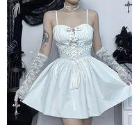 WEITING Gótico Oscuro Lolita Gótico Cosplay Vendaje Mini Vestido Elegante Camisa Corta con Mangas Abullonadas Conjunto de 2 Trajes de Fiesta de Línea A para Mujer-Vestido Blanco-M