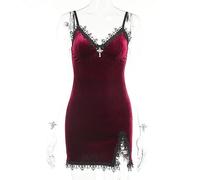 WEITING Gótico Oscuro Vintage Gótico Estado de Ánimo Negro Mini Vestido de Mujer Terciopelo Delgado Vestido de Fiesta Slip Vestido de Encaje Sexy Dobladillo con Abertura Clubwear-Borgoña-S