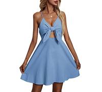 WEITING Mini Vestido de Lino con Lazo para Mujer, Vestido Corto con Escote en V y Tirantes, Vestido Fluido sin Espalda