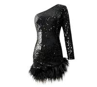 WEITING Mini Vestido de Plumas de Lentejuelas Negras para Mujer, Vestido de Noche de Manga Larga sin Espalda con un Hombro, Camiseta sin Mangas Sexy para Fiesta en el Club-Negro-L