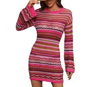 WEITING Mini Vestido Suéter Casual, Mujer Manga Larga para el Otoño, Vestido Suéter Avellanado a Rayas Ganchillo a Rayas Arco Iris para Mujeres