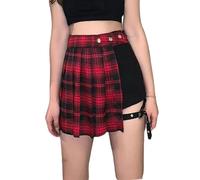 WEITING Minifalda gótica Oscura Sexy gótica para Mujer, Falda de Verano Negra Plisada de Cintura Alta, Ropa de Calle con Tachuelas Irregulares de 2 Piezas-Cuadros Rojos-XL