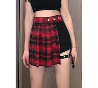 WEITING Minifalda gótica Oscura y Sexy para Mujer, Falda de Verano Negra Punk Plisada de Cintura Alta, Ropa de Calle con Tachuelas Irregulares de 2 Piezas-Cuadros Rojos-M