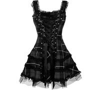 WEITING Minivestido gótico a Cuadros para Chicas Punk, Estilo Lolita, sin Mangas, con Lazo, Corto, para Cosplay, Vestido de Fiesta de Verano de Talla Grande, Cuadros Negros-XL