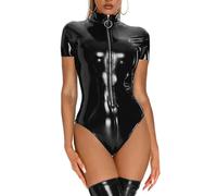 WEITING Mujeres Sexy Cuero De Látex Brillante Cuello Alto Cremallera Catsuit Piernas De Corte Alto Body Lencería Leotardo Monos Discoteca Rave Dance-Tipo A Negro-M