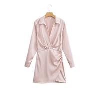 WEITING Office Lady Satén Camisas Vestido Mujer Primavera Verano Manga Larga Laple V Cuello Fruncido Vestido Corto Fiesta Casual Outfit-Rosa,S