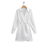 WEITING Office Lady Satén Camisas Vestido Mujer Primavera Verano Manga Larga Laple V Cuello Fruncido Vestido Corto Fiesta Casual Outfit-Blanco,M