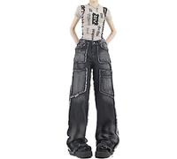 WEITING Pantalones Vaqueros Rectos con Borde de rebaba de Cintura Alta para Mujer, Pantalones Vaqueros Informales Y2K de Pierna Ancha, Ropa Informal Estilo Grunge, Pantalones Vaqueros