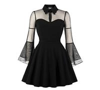 WEITING S-4XL - Vestido corto gótico sexy para mujer, talla grande, diseño de retazos de malla negra, manga acampanada, drapeado, elegante vestido de fiesta, negro, XL
