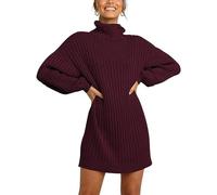 WEITING Suéter de otoño e Invierno suéter de Comercio Exterior Vestido de Cuello Alto suéter de Color sólido suéter Vestido-Borgoña-S