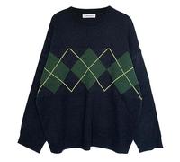 WEITING Suéter De Punto Mujer Suéter De Argyle De Gran Tamaño Jerséis Suéter Suelto De Invierno Jersey De Mujer De Estilo Universitario Coreano-Azul-Talla Única